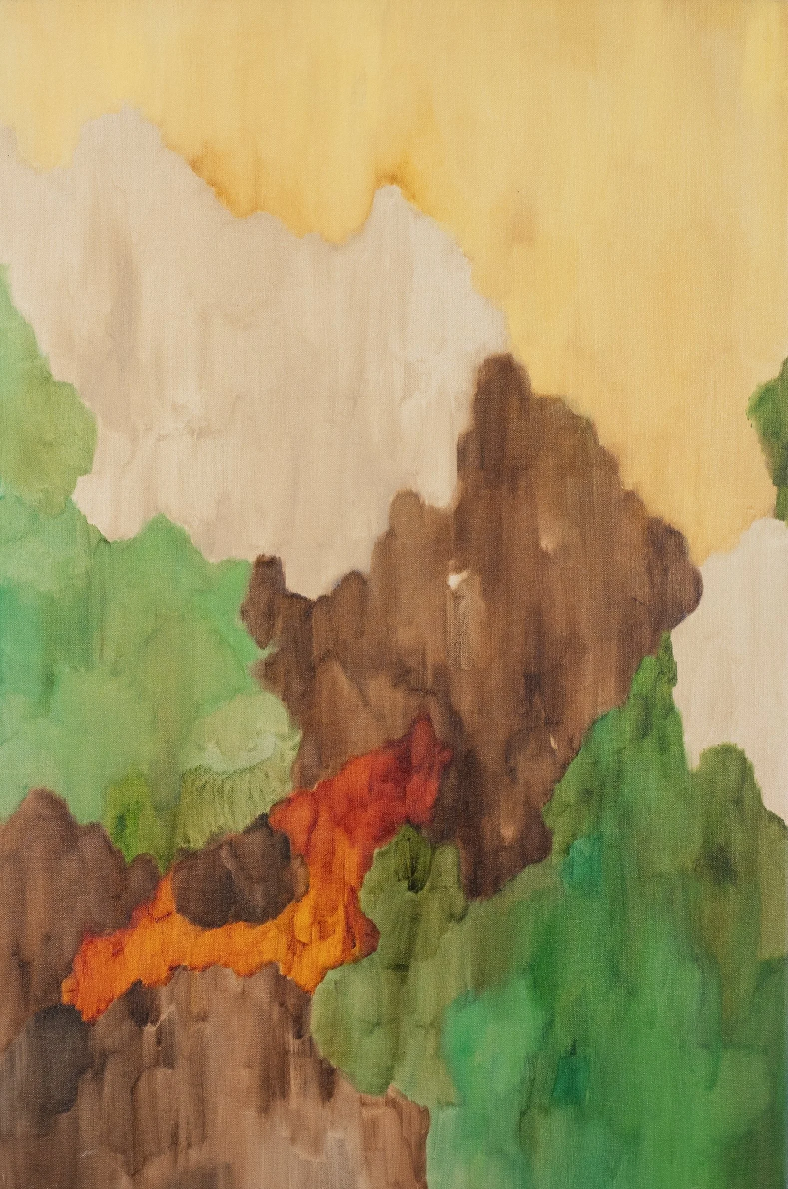 An oil abstract painting of a volcano erupting with orange lava flowing down its sides and smoke billowing into the sky, surrounded by greenery.