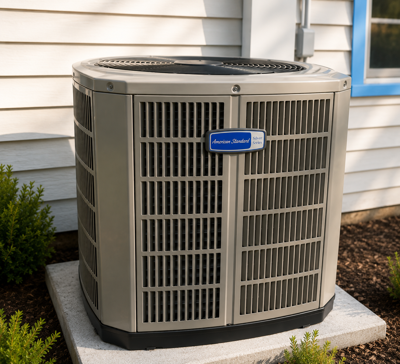 Outside air conditioning unit on concrete pad beside a house with white siding and a blue window frame.