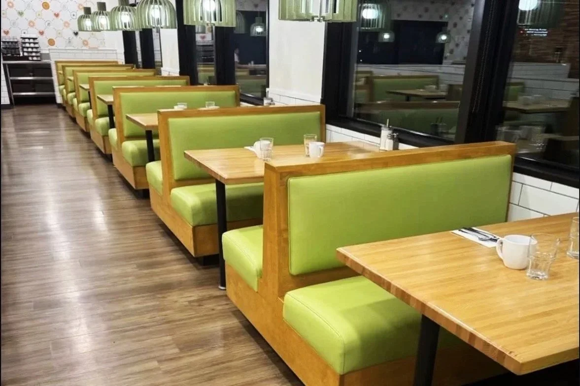 Commercial restaurant booth seating with custom upholstery
