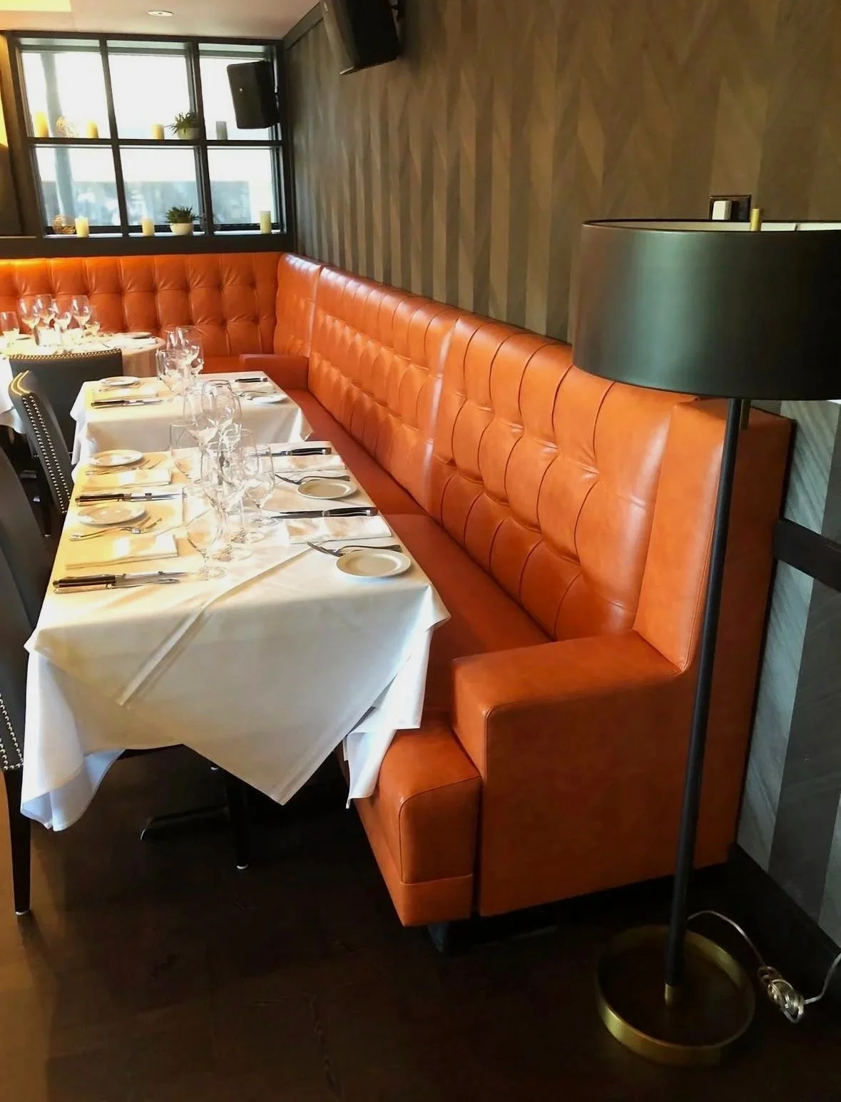 Restaurant banquette seating with custom leather upholstery