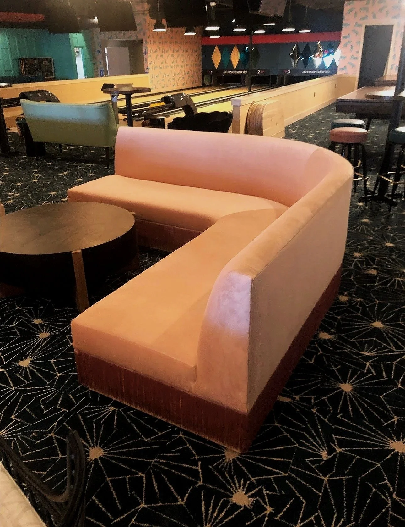Custom curved sofa and residential upholstery