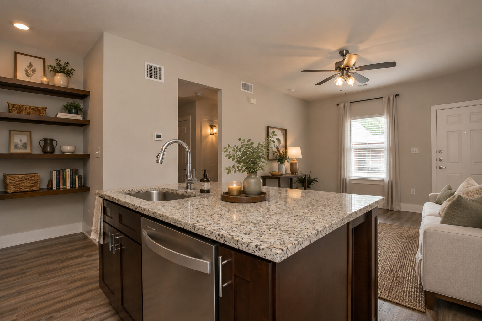 Open-concept living room and kitchen with granite island, stainless steel dishwasher, shelves with decor, sofa, and window with curtains.