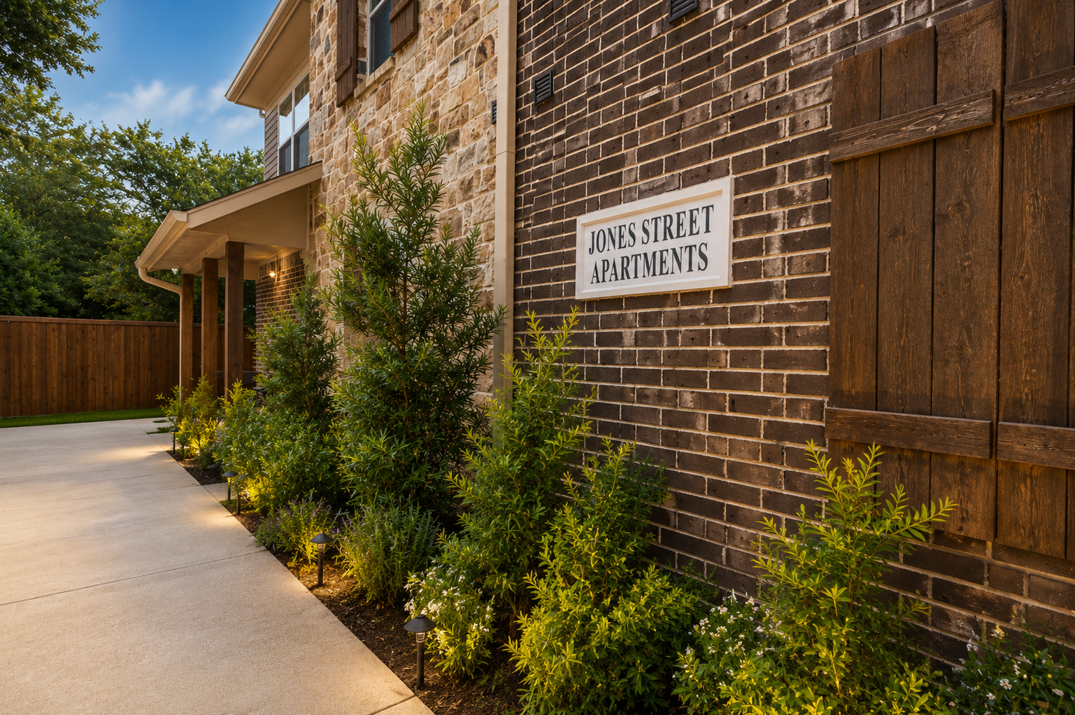 Modern, pet-friendly apartments in Krum, Tx. Exterior view of Jones Street Apartments with a stone and brick building, wooden shutters, a landscaped garden with plants, pathway, and outdoor lighting, under a partly cloudy sky.
