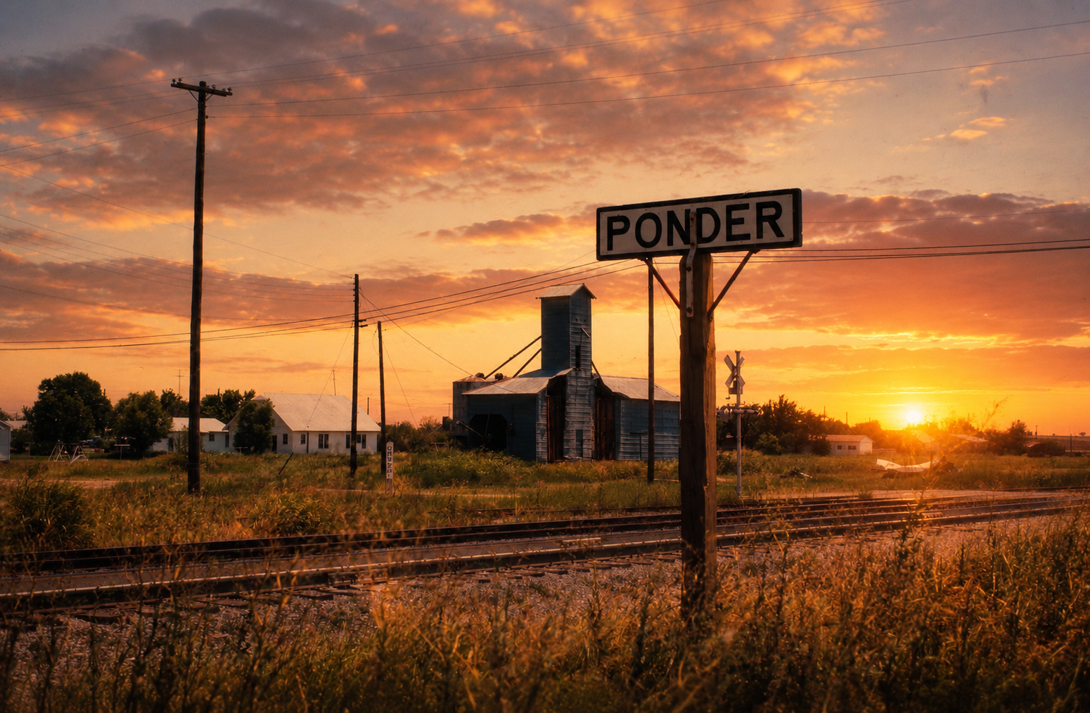 Sunset over a rural train station in Ponder, with an old wooden building, railway tracks, power lines, and a sign reading 'Ponder' in the foreground.