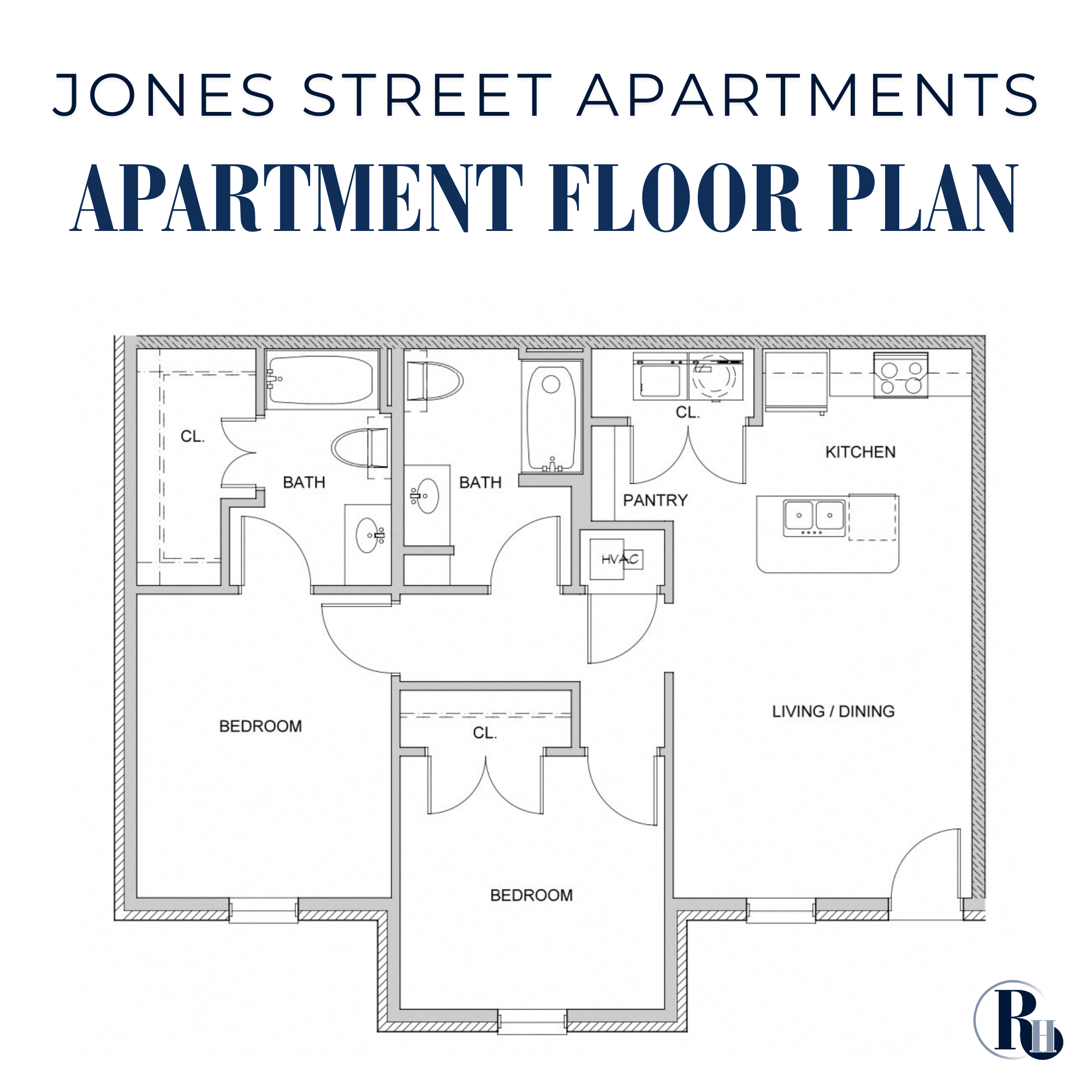 Floor plan of an apartment building with labeled rooms including bedrooms, bathrooms, kitchen, pantry, living/dining area, and closets. Jones Street Apartments floor plan.