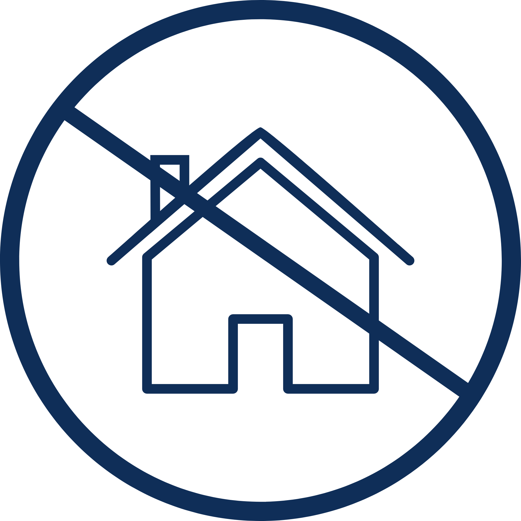 Digital line drawing of a house inside a circle, with a mountain in the background and a sun or moon above.