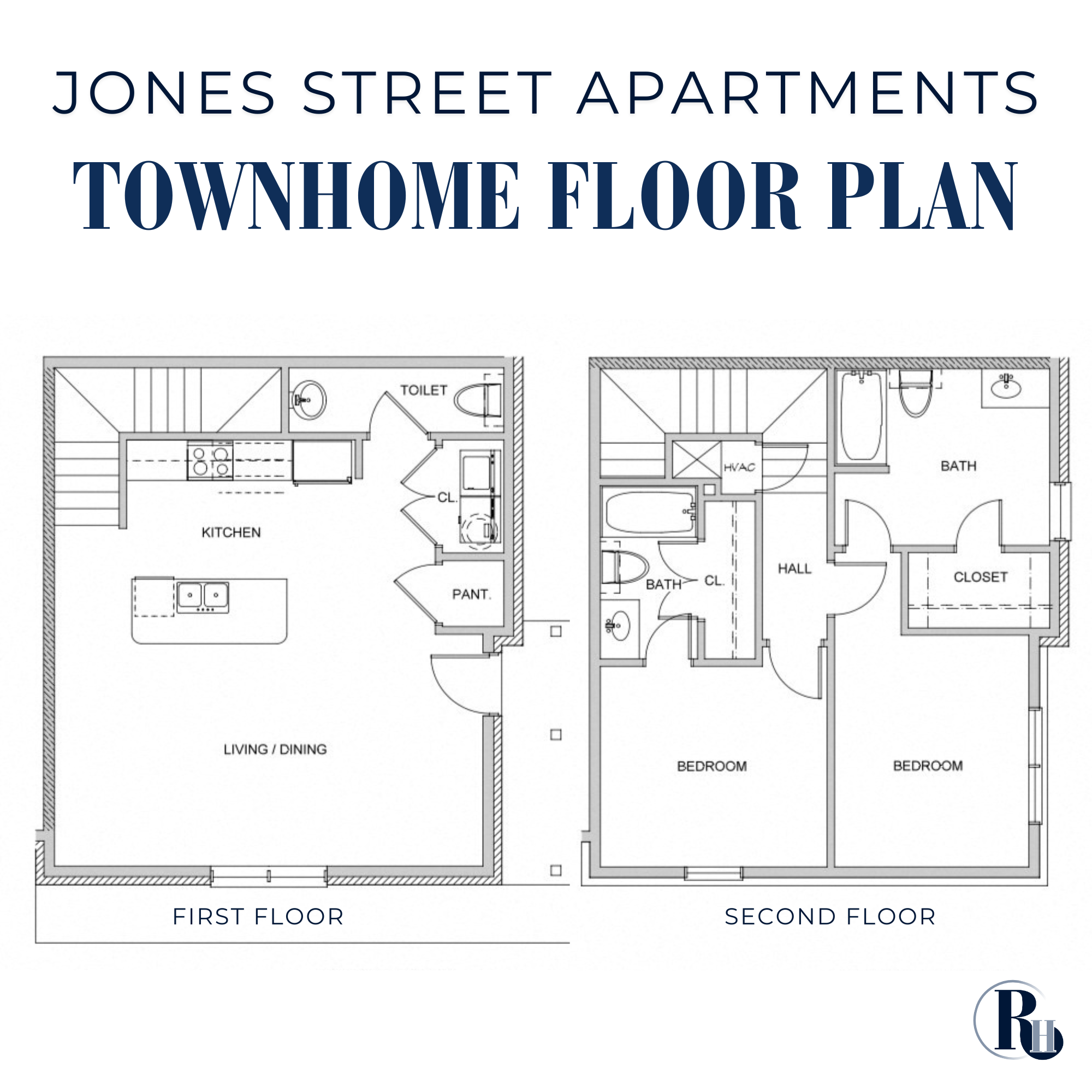 Floor plan of Jones Street Apartments including first and second floor layouts with labeled rooms such as kitchen, bathroom, hall, bedroom, and closets. Jones Street Apartments floor plan.