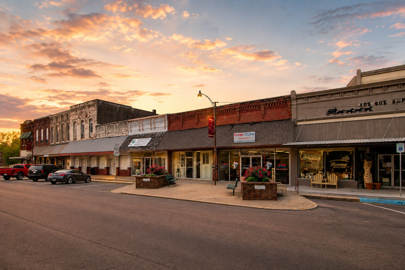 Sunset over a small town street with historic buildings, parked cars, flower planters, and benches in front of shops.