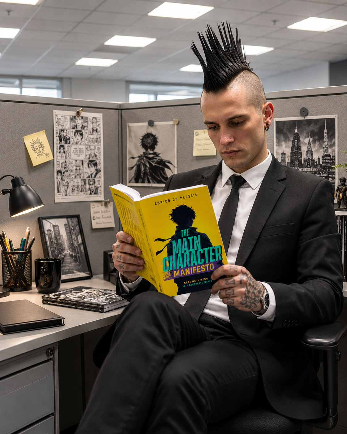 A man with a mohawk hairstyle and tattoos, dressed in a black suit, is sitting in an office cubicle reading a yellow book titled "The Main Character Manifesto."  by Anrico du Plessis, Keynote Speaker, Author, Podcast host and CEO of Multi-Media