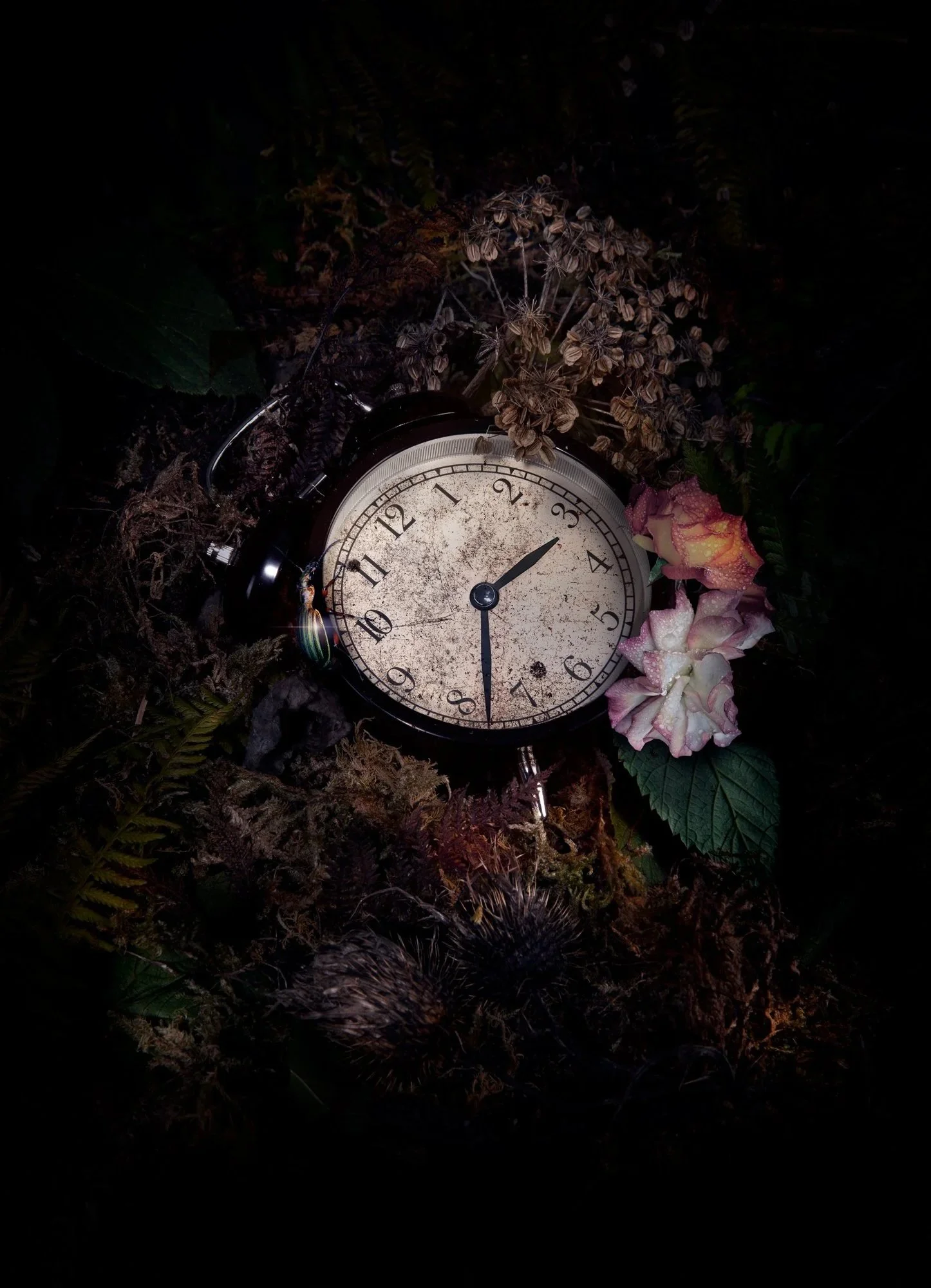 Une horloge ancienne est posée sur des feuilles et des fleurs fanées dans un environnement sombre, évoquant la mélancolie ou la fin d'une époque.