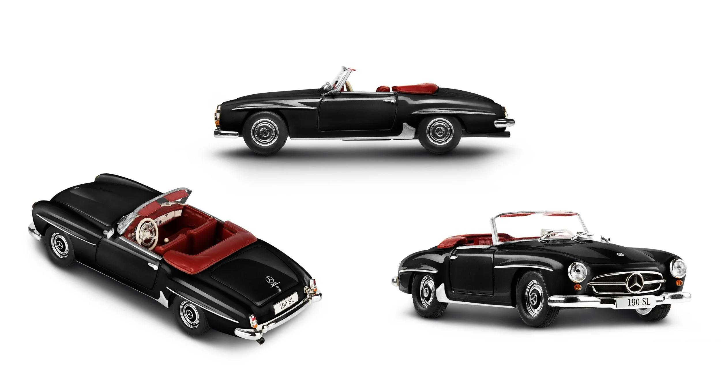 Quatre voitures miniatures Mercedes classiques, deux convertibles noires avec intérieur rouge, une coupé noir, et une voiture décapotable noire avec intérieur beige, toutes alignées sur un fond blanc.