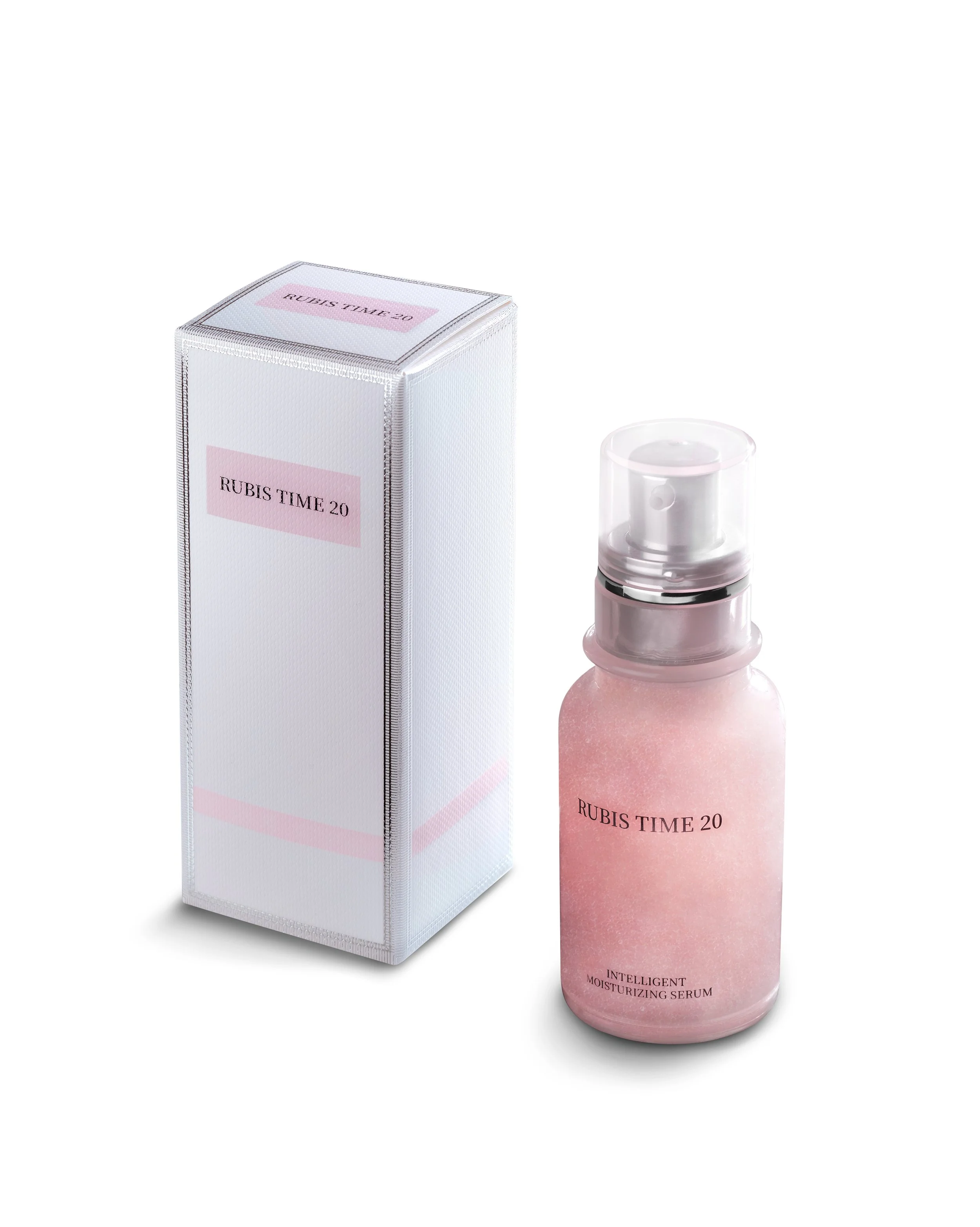 Une bouteille de sérum hydratant rose, nommée 'Rubis Time 20', accompagnée d'une boîte blanche assortie portant le même nom, sur un fond blanc.
