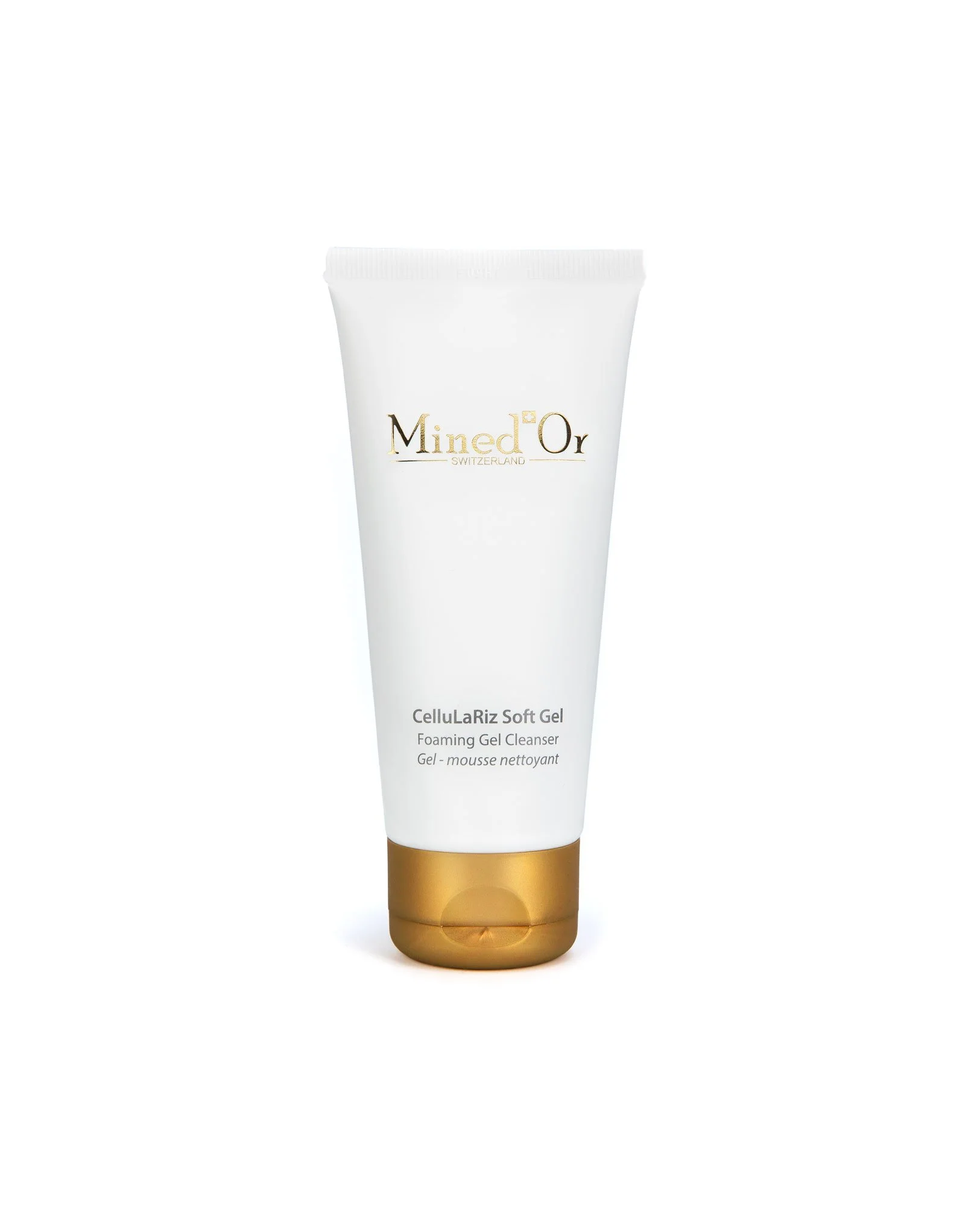 Tube de nettoyant moussant visage nommé CellulaRiz Soft Gel par Mined'Or, avec une base blanche et une ligne dorée en bas.