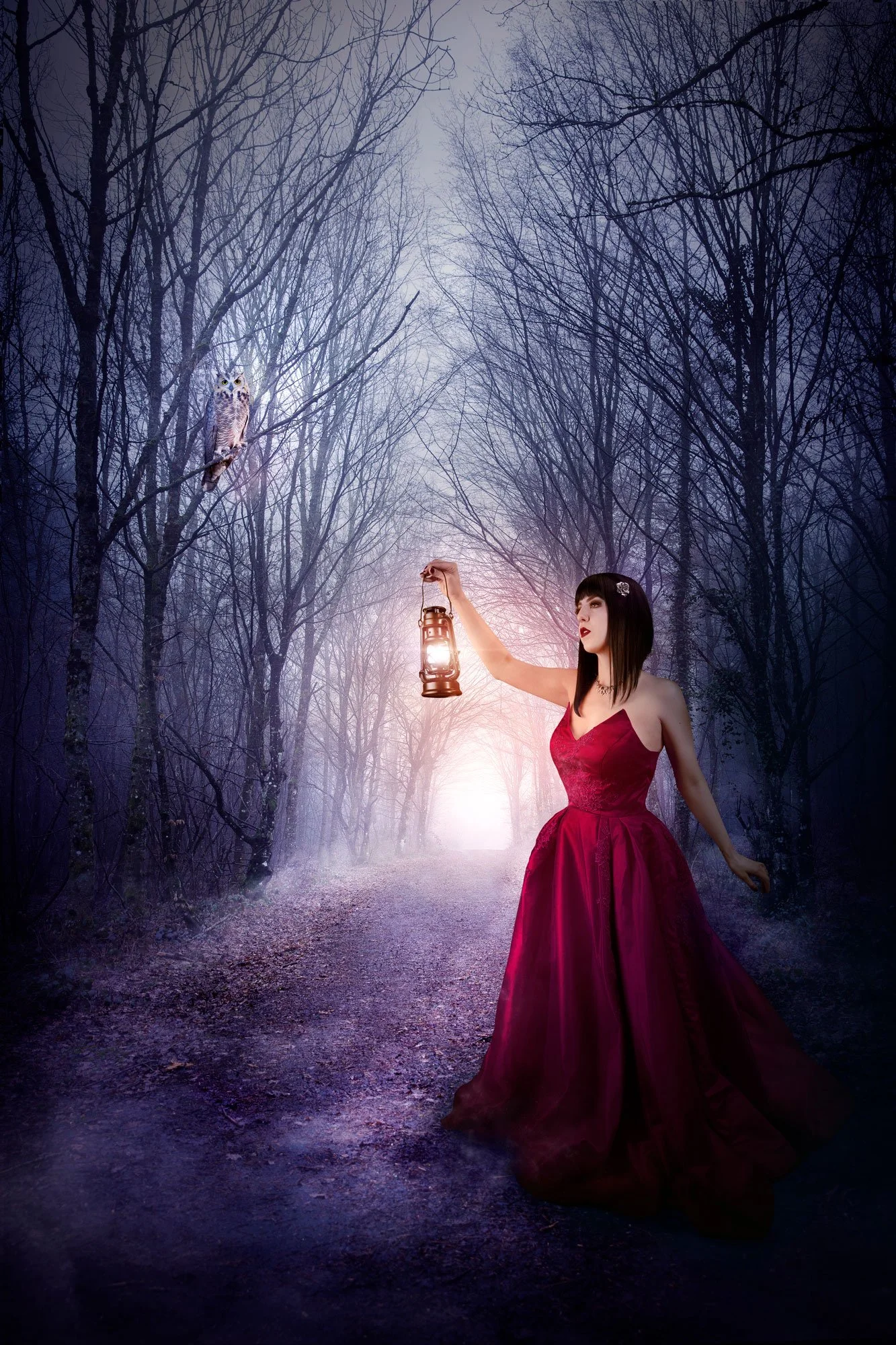 Une femme en robe rouge foncé dans une forêt sombre, tenant une lanterne. Un hibou est perché sur une branche à gauche.
