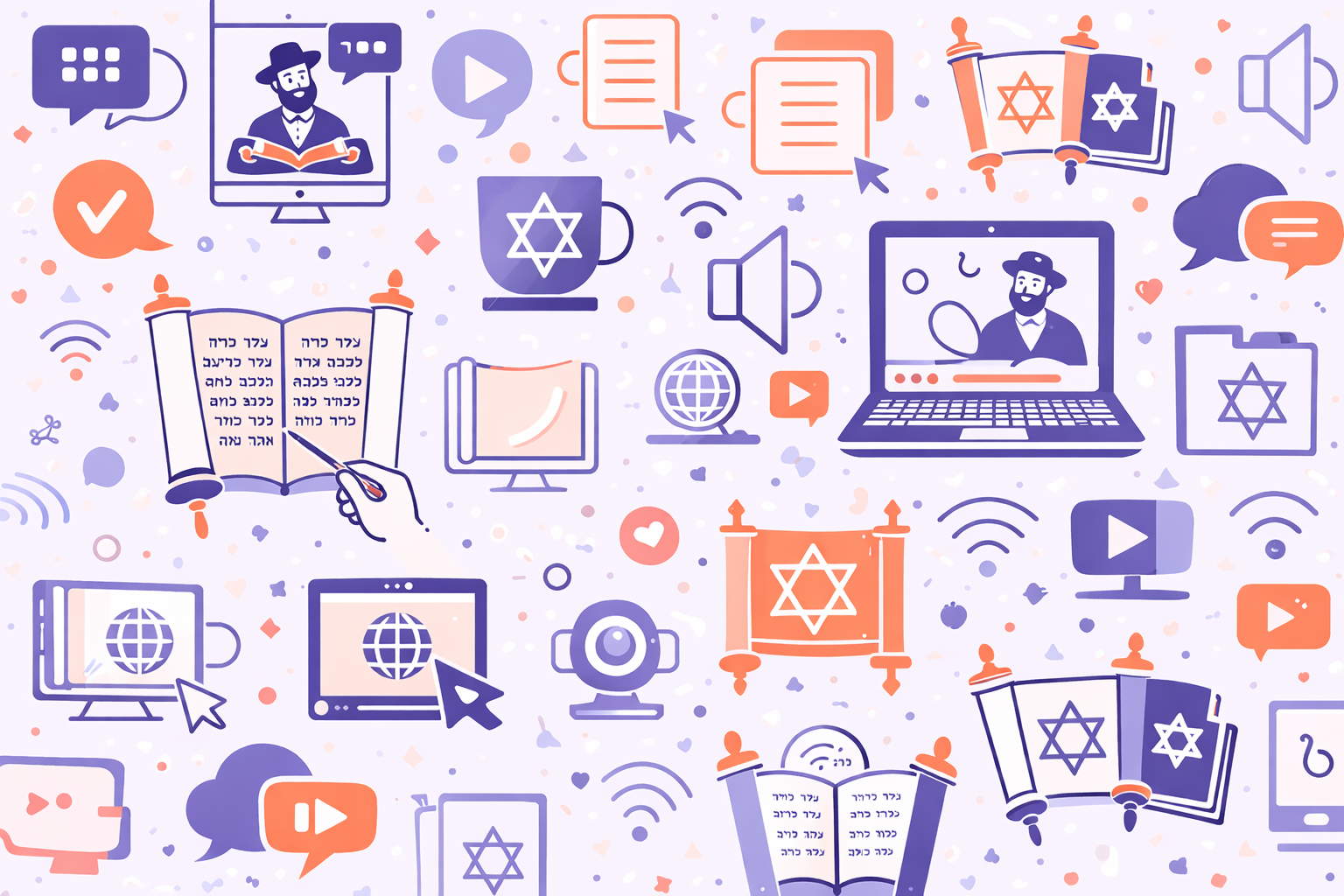 Digital illustrations related to Jewish culture and learning, including books with Hebrew text, Menorahs, Star of David symbols, laptops, tablets, and speech bubbles, in purple, orange, and light colors.