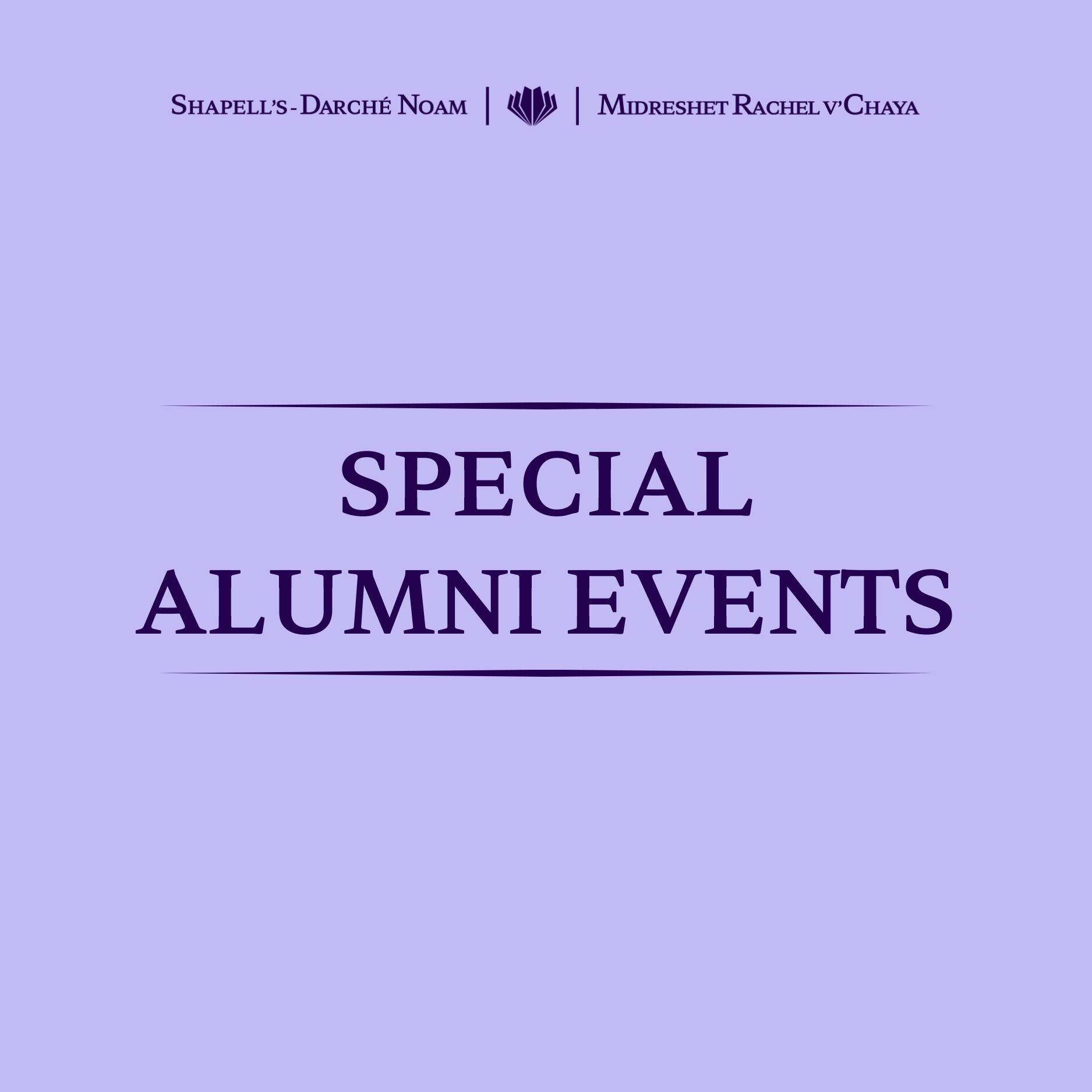 A light purple background with text that says "Special alumni events" in large, dark purple letters, with a small logo and names at the top.