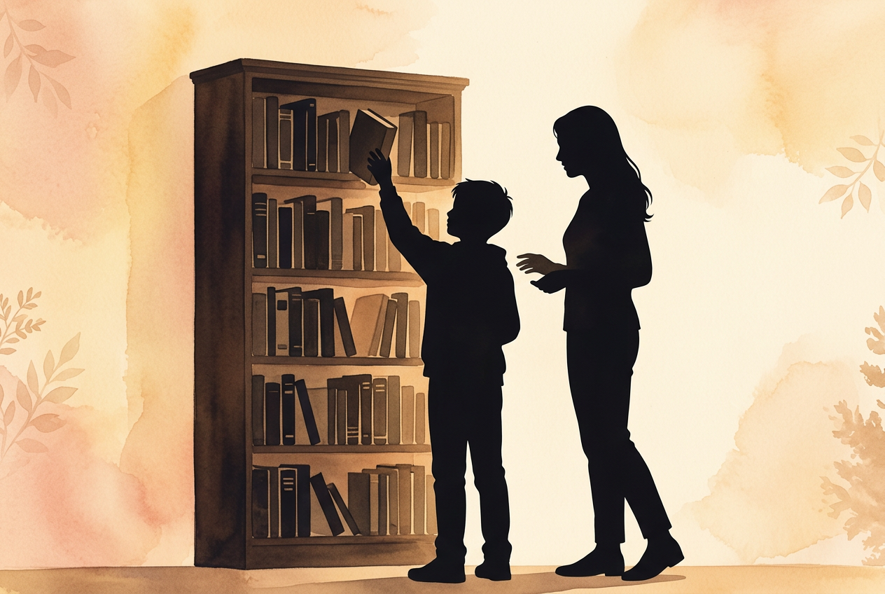 Silhouette of a woman and a young boy looking at a bookshelf filled with books.
