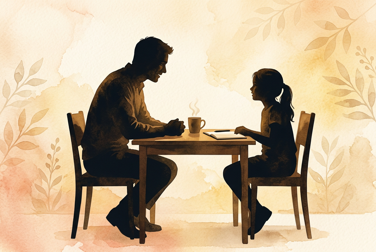 Silhouettes of a man and a girl sitting across from each other at a table, with a steaming coffee mug and a notebook between them, against a soft watercolor background with leaves.