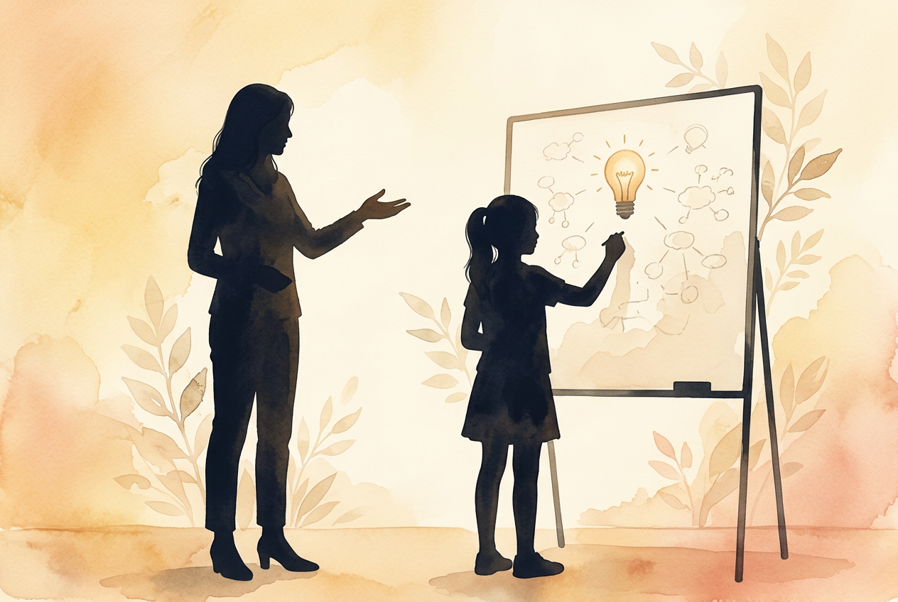 Silhouettes of a woman and a girl pointing at a whiteboard with a light bulb drawing, surrounded by sketches of ideas and clouds, with a background of leaves and soft pastel colors.