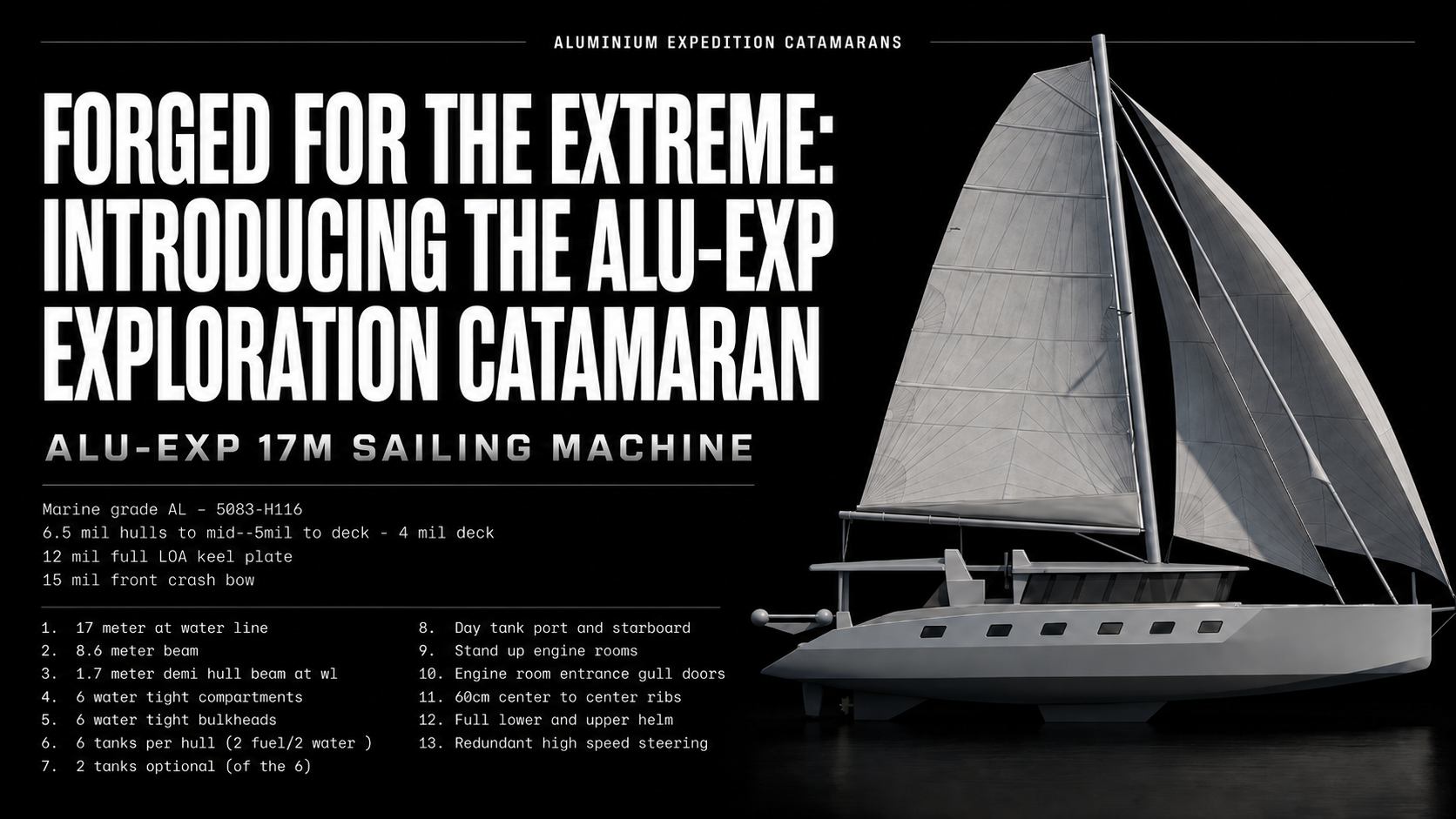 Information poster for an aluminum expedition catamaran named ALU-EXP 17M, highlighting its extreme durability and features, with a large image of the sailing vessel on the right and specifications listed on the left.