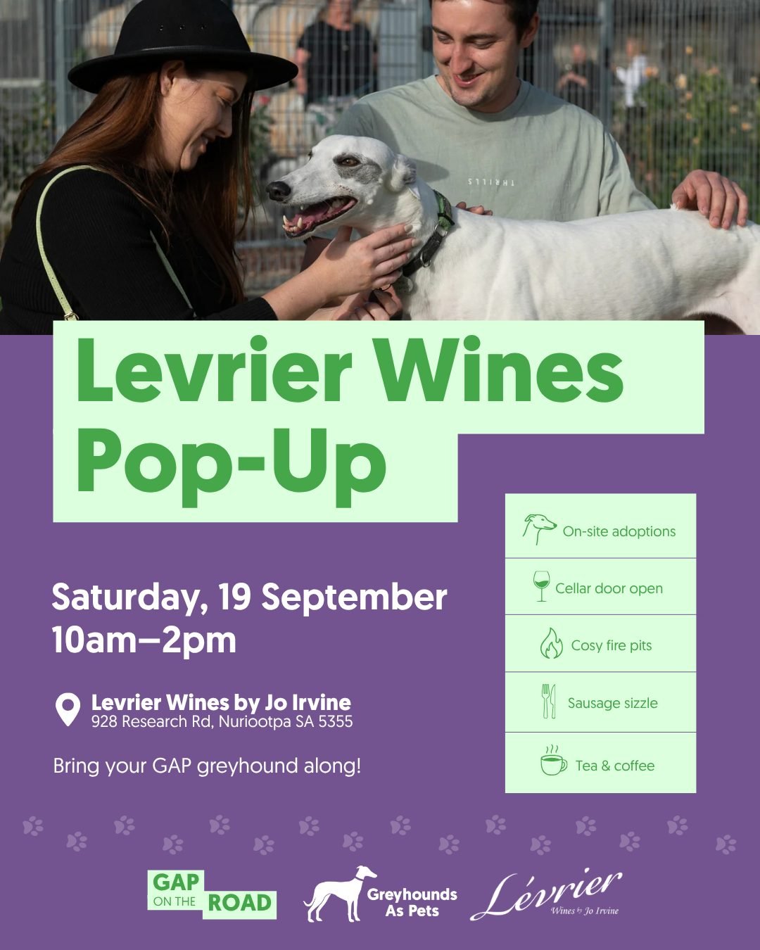 Wine, wagging tails and a sausage sizzle! Our kind of Saturday! 🍷🐾

We&rsquo;re heading to Levrier Wines by Jo Irvine for a wonderful day celebrating and supporting greyhounds, and we&rsquo;d love you to join us.

📅 Saturday 19 September
🕙 10am -