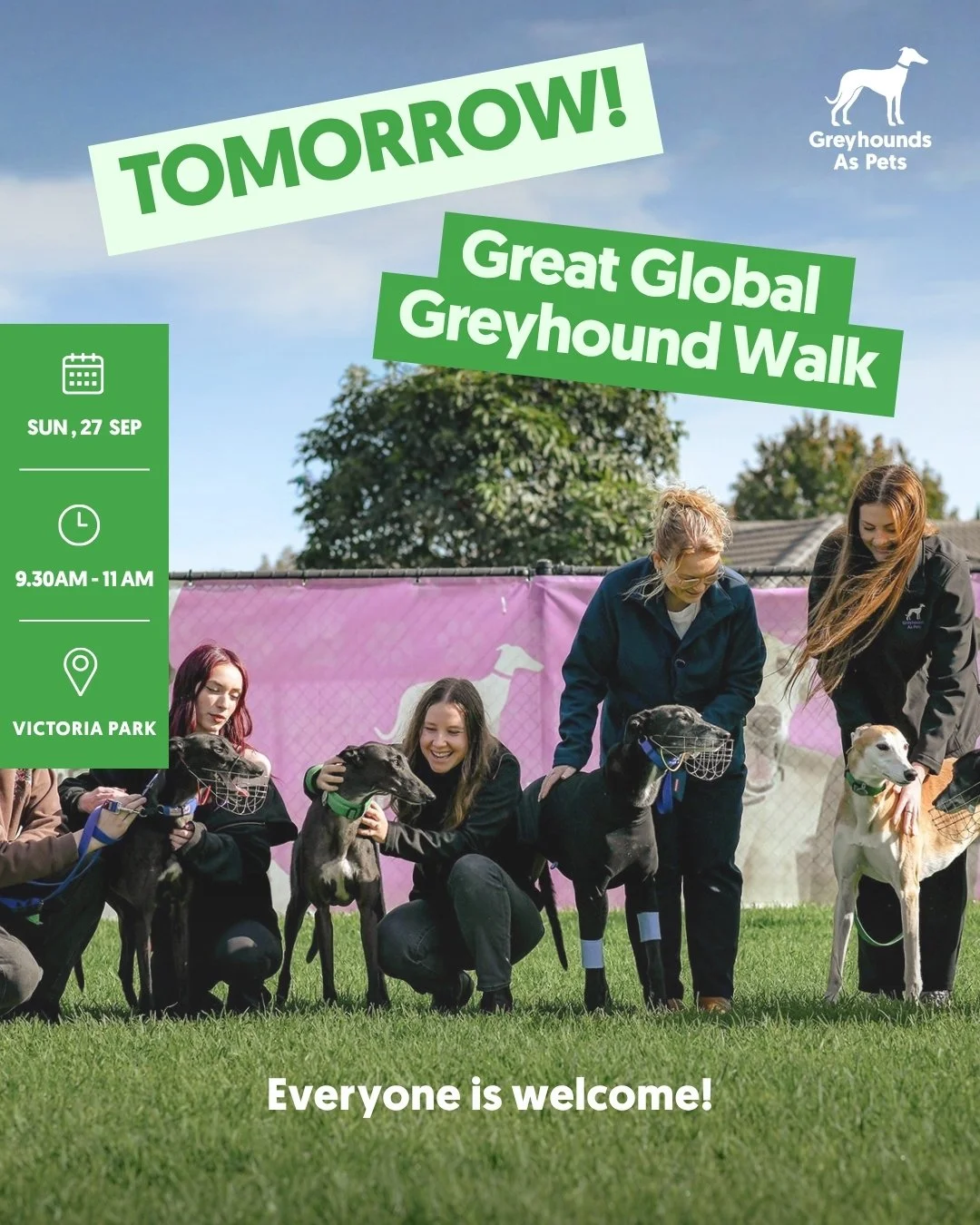 Get ready Adelaide! The hounds are taking over Victoria Park tomorrow.💚 Join us and the Southern &amp; Western and Adelaide Hills Greyhound Walking Groups for the Great Global Greyhound Walk, bringing greyhounds and their people together for one ver