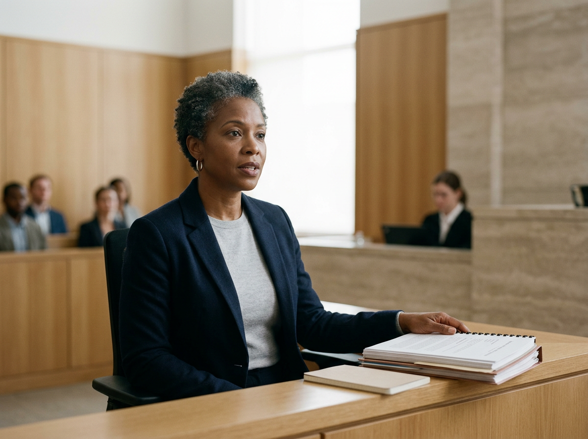 A woman in a courtroom setting, sitting at a desk with a stack of documents, wearing a navy blazer and gray shirt, with a serious expression.