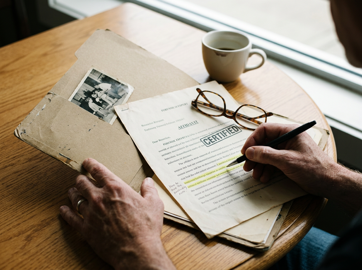 A person reviewing a paper titled 'CERTIFIED' at a wooden table, with a pair of glasses, a cup of coffee, and a folder with black and white photographs.