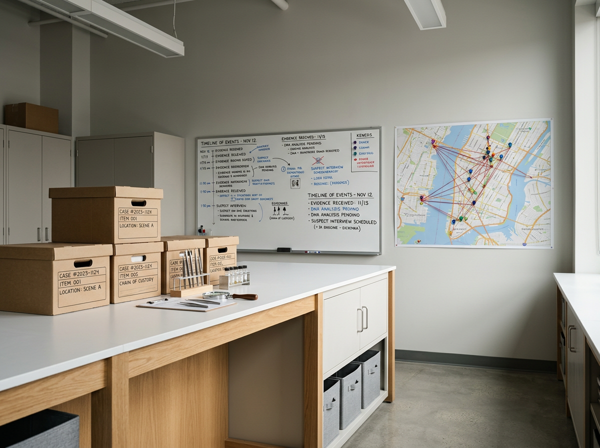 An investigation room with cardboard boxes labeled with case numbers and items, a whiteboard with handwritten case notes and timelines, and a large map on the wall with marked points and lines connecting different locations.