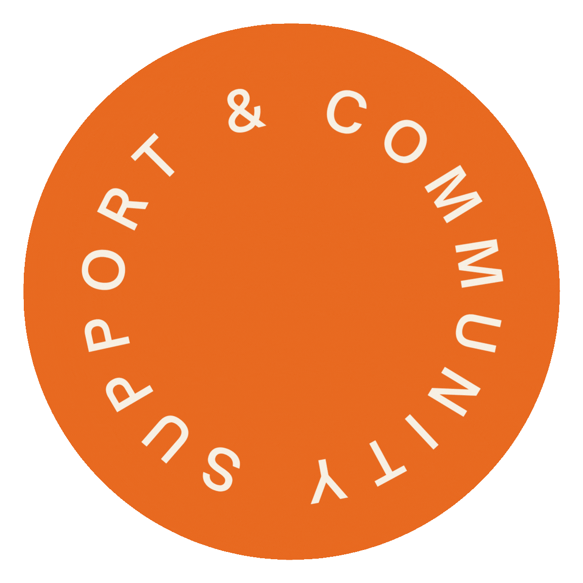 Orange circular badge with white text reading "SUPPORT & COMMUNITY" arranged in a circle.