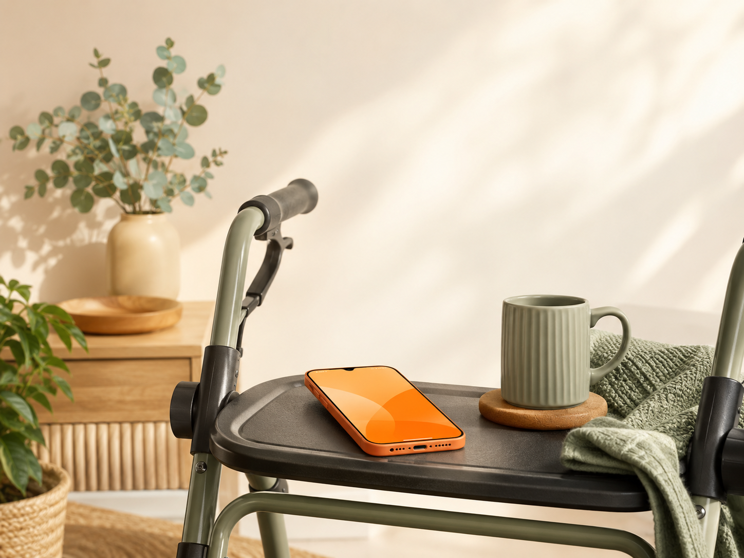A wheelchair with a mobile phone, a green mug on a wooden coaster, and a green towel on its tray, with a plant in a basket and a wooden side table with a vase of greenery in the background.