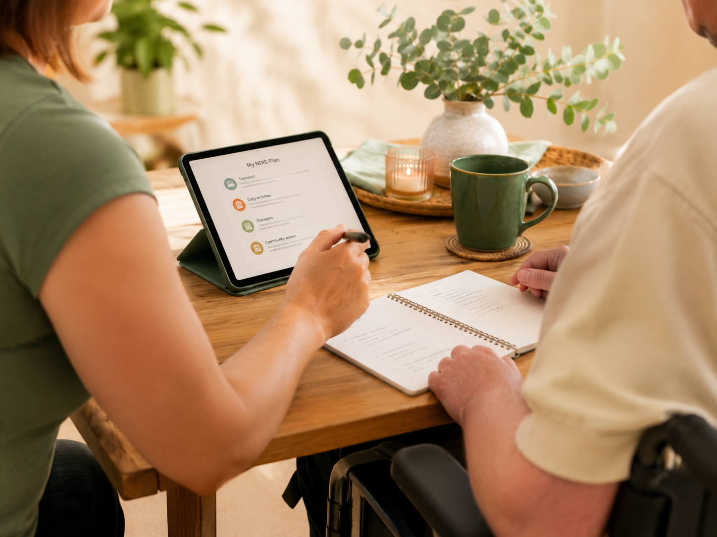 Two women sit at a wooden table, one in a wheelchair, looking at a tablet displaying a wellness plan, with a notebook open for notes. The table has a green mug, a bowl, a candle, and a vase with leafy green foliage.