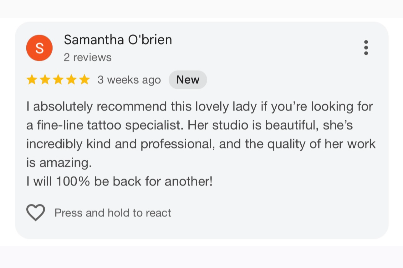 Review for a tattoo artist named Samantha O'Brien, who has two reviews and a five-star rating. The reviewer praises her studio, kindness, professionalism, and quality of work, indicating they will return.