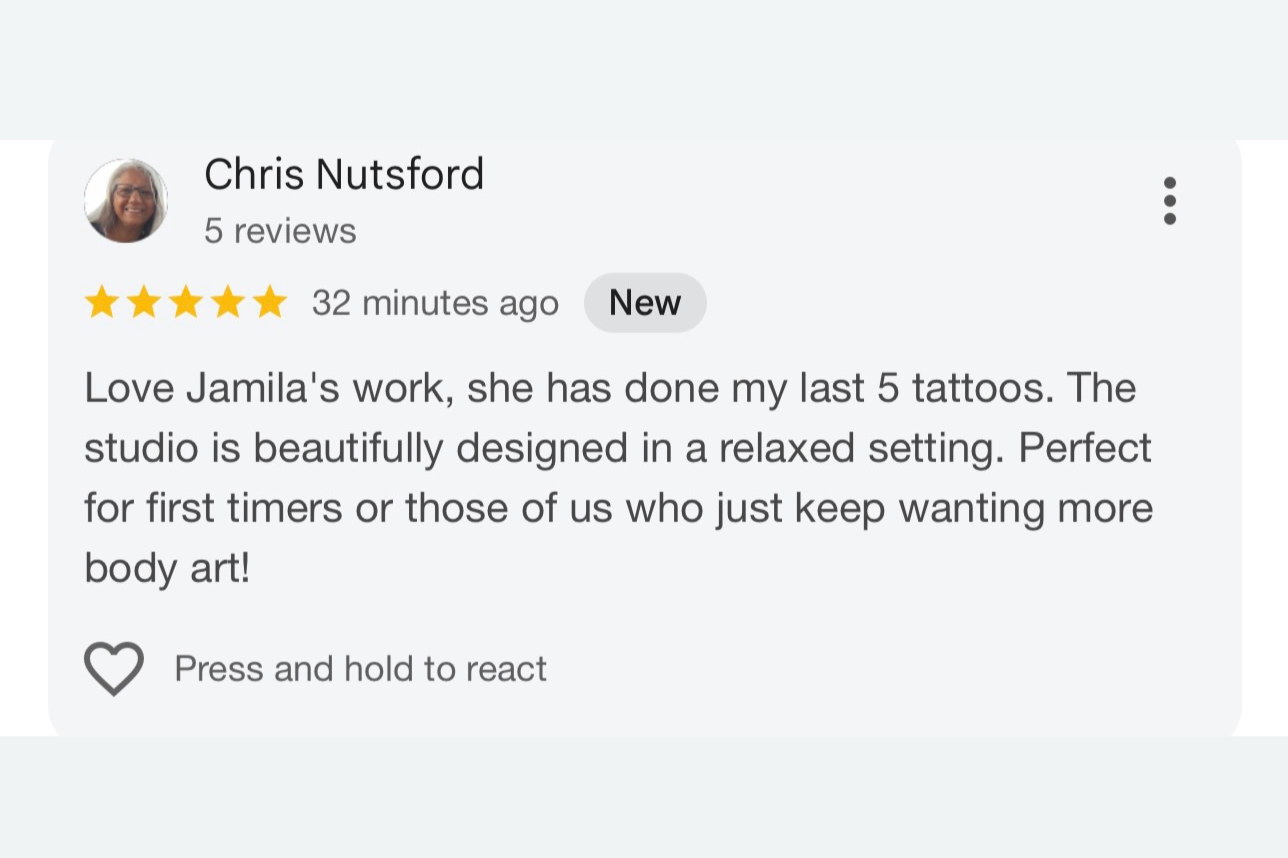 Review for Jamila's tattoo studio by Chris Nutsford, featuring a 5-star rating, a profile picture of a smiling woman with glasses, and text praising Jamila's work and studio design.