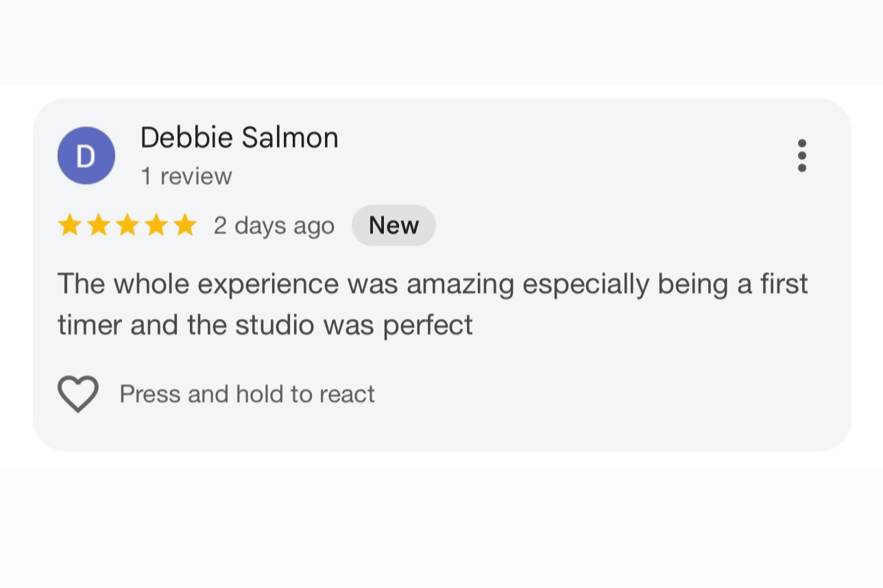 Online review for Debbie Salmon with five stars, posted two days ago, describing a positive experience with a first timer in a studio.