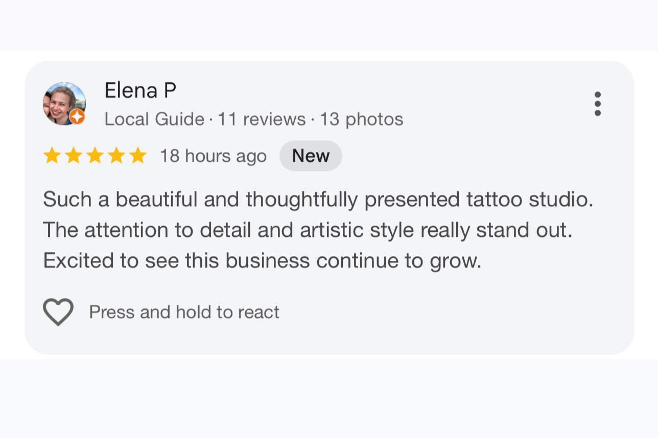 Google review with five stars for a tattoo studio, written by Elena P, praising the studio's attention to detail and artistic style.