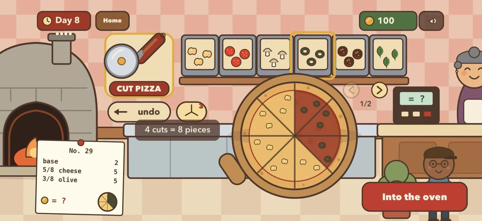 Fraction Pizzeria gameplay: a pizza divided into eight equal slices, with toppings ready to add.