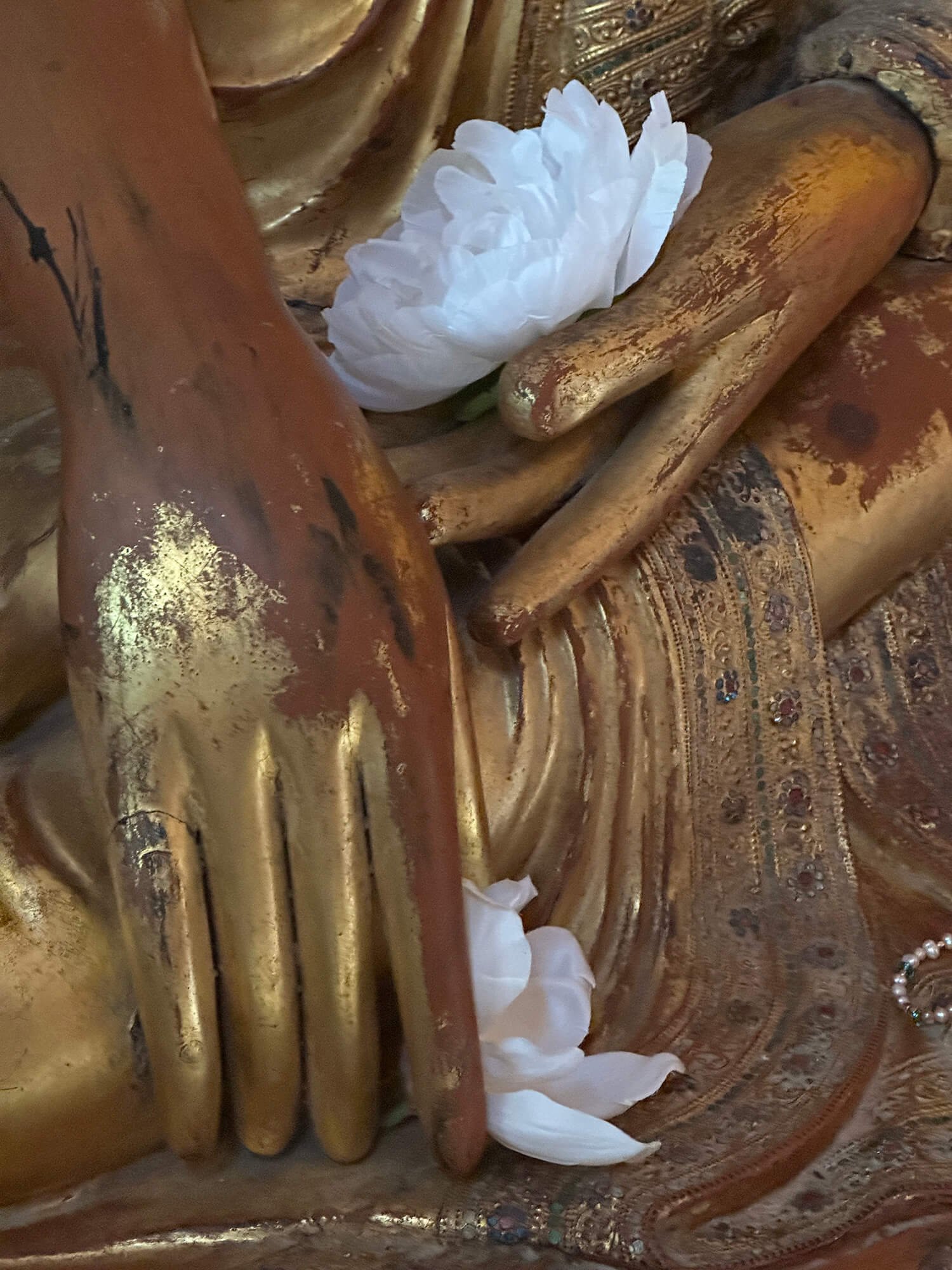 A white flower resting on an ornate, gold-colored decorative surface with intricate patterns.