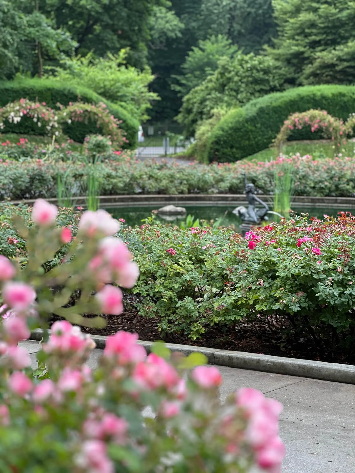 A garden with pink and white flowers in the foreground, a pond with a decorative fish statue, and lush green trees and shrubs in the background.