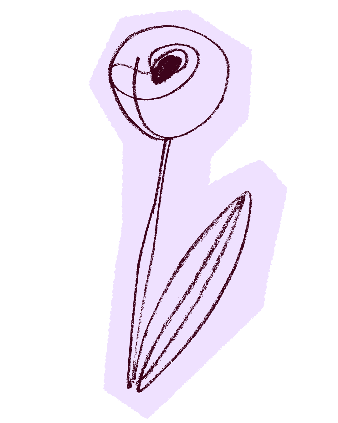 A simple line drawing of a flower with a circular bloom, a stem, and two elongated leaves, in black on a light purple background.