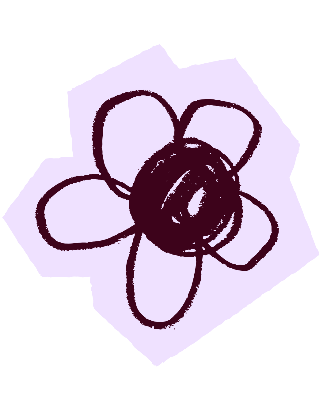 A stylized drawing of a flower placed on a light purple irregular shape background.