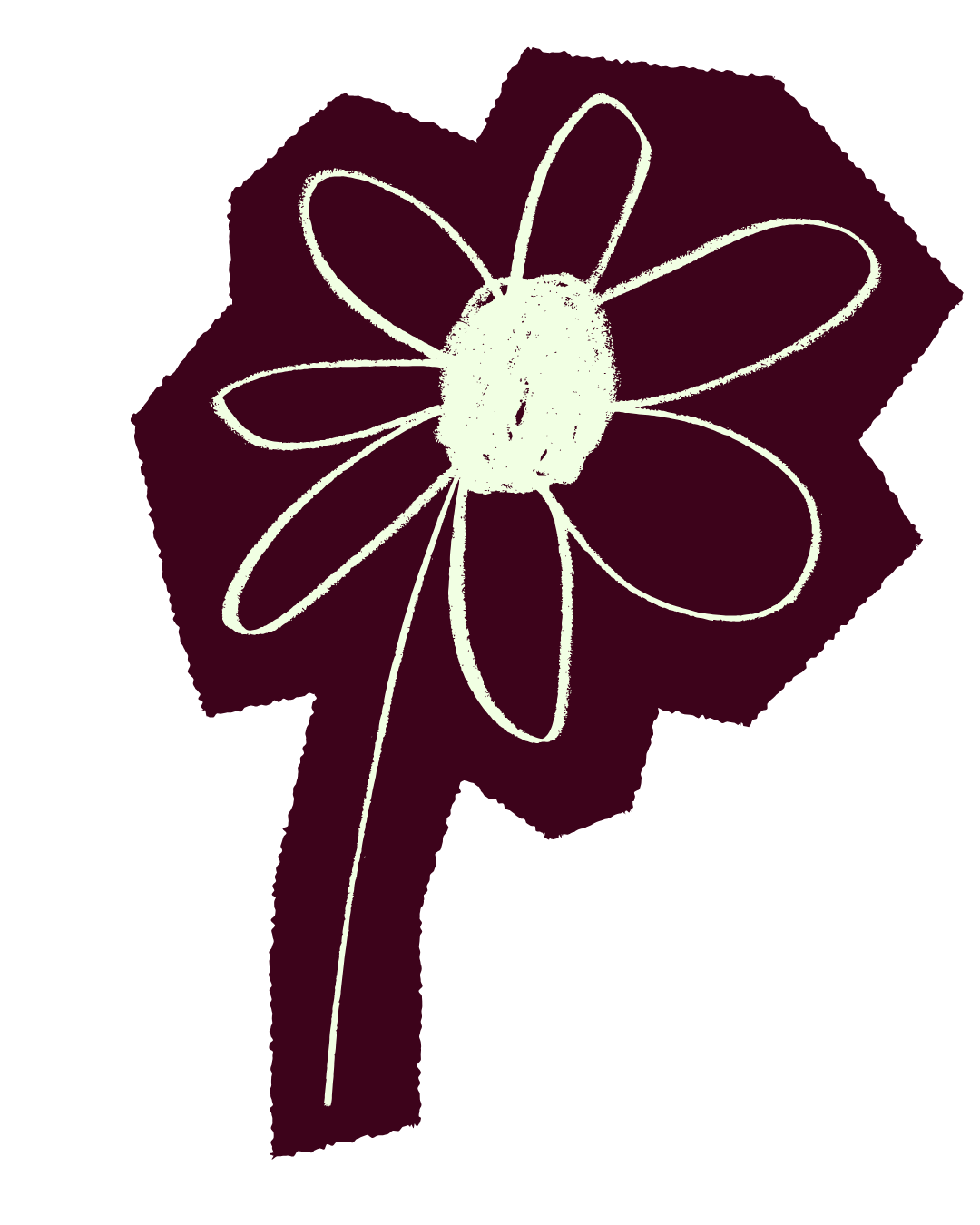 An abstract drawing of a flower with elongated petals in white on a dark purple background.