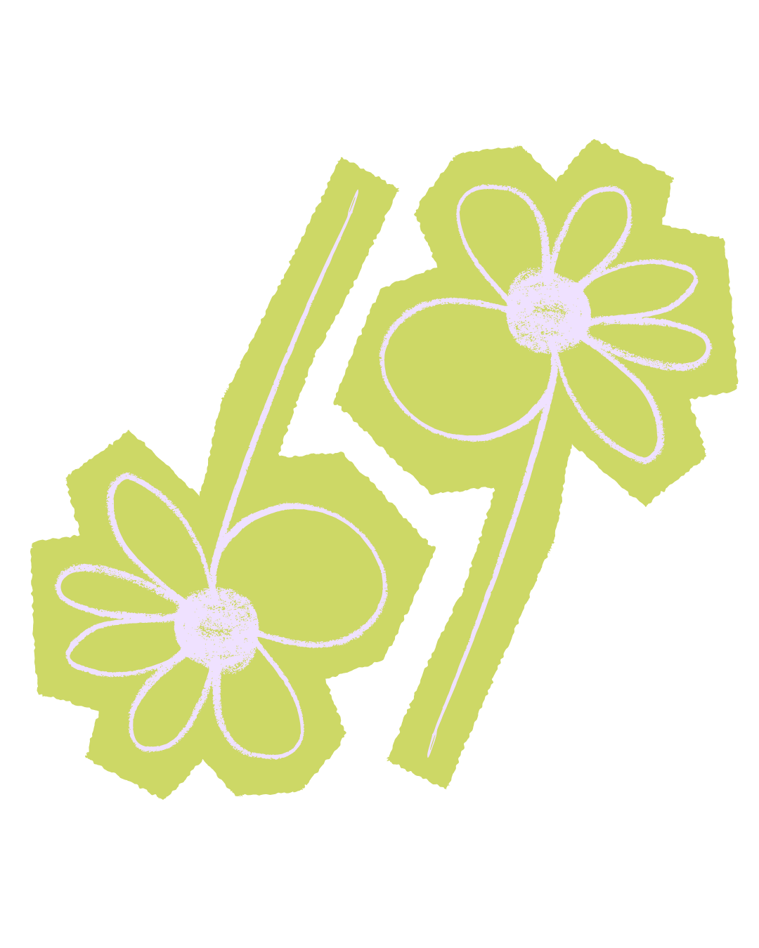 Drawing of two lime green popsicles with flower designs on a black background.