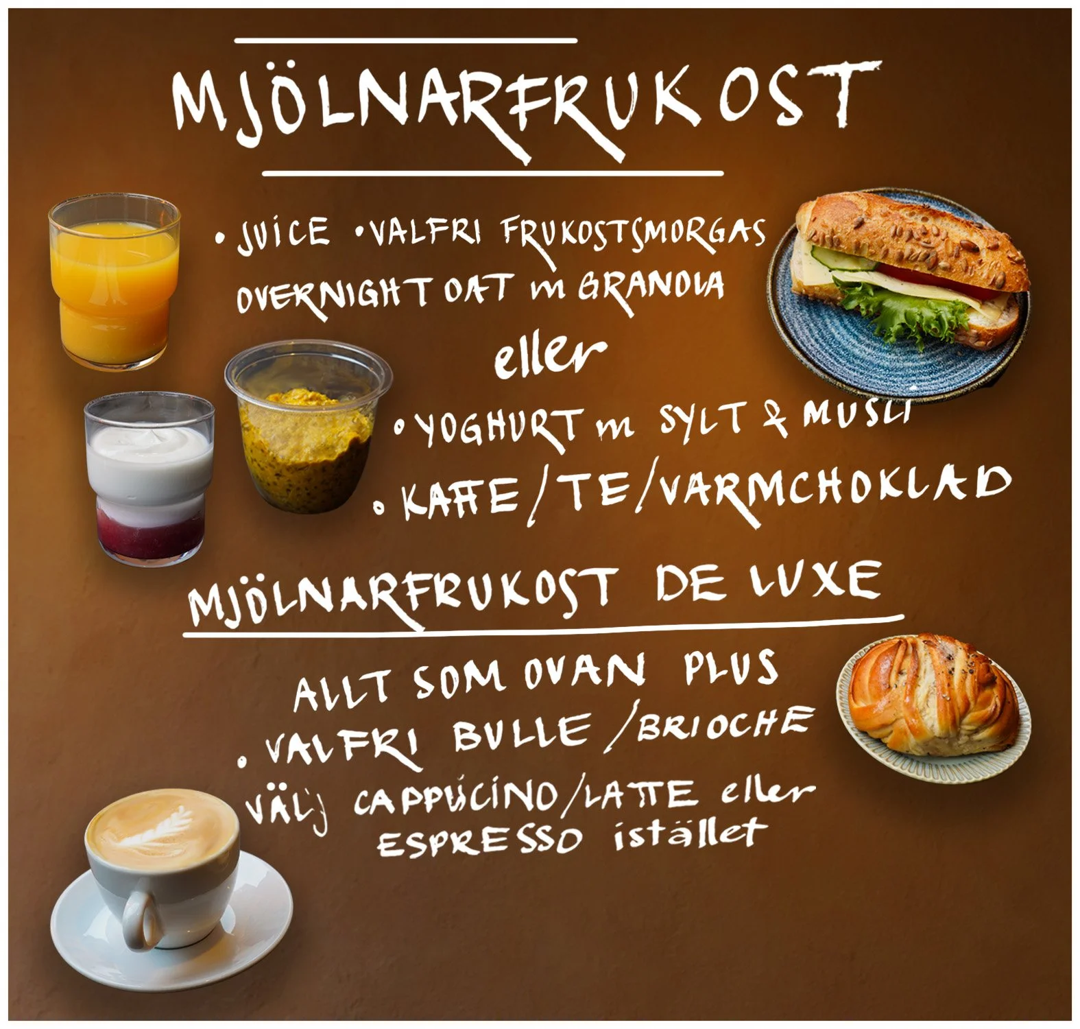 Kostschema för ett svenskt frukostutbud, inklusive juice, frukostmacka, yoghurt med sylt och musli, kaffe, te, varm choklad, cappuccino, latte och espresso, samt bilder på olika frukostbufféer och bakverk.