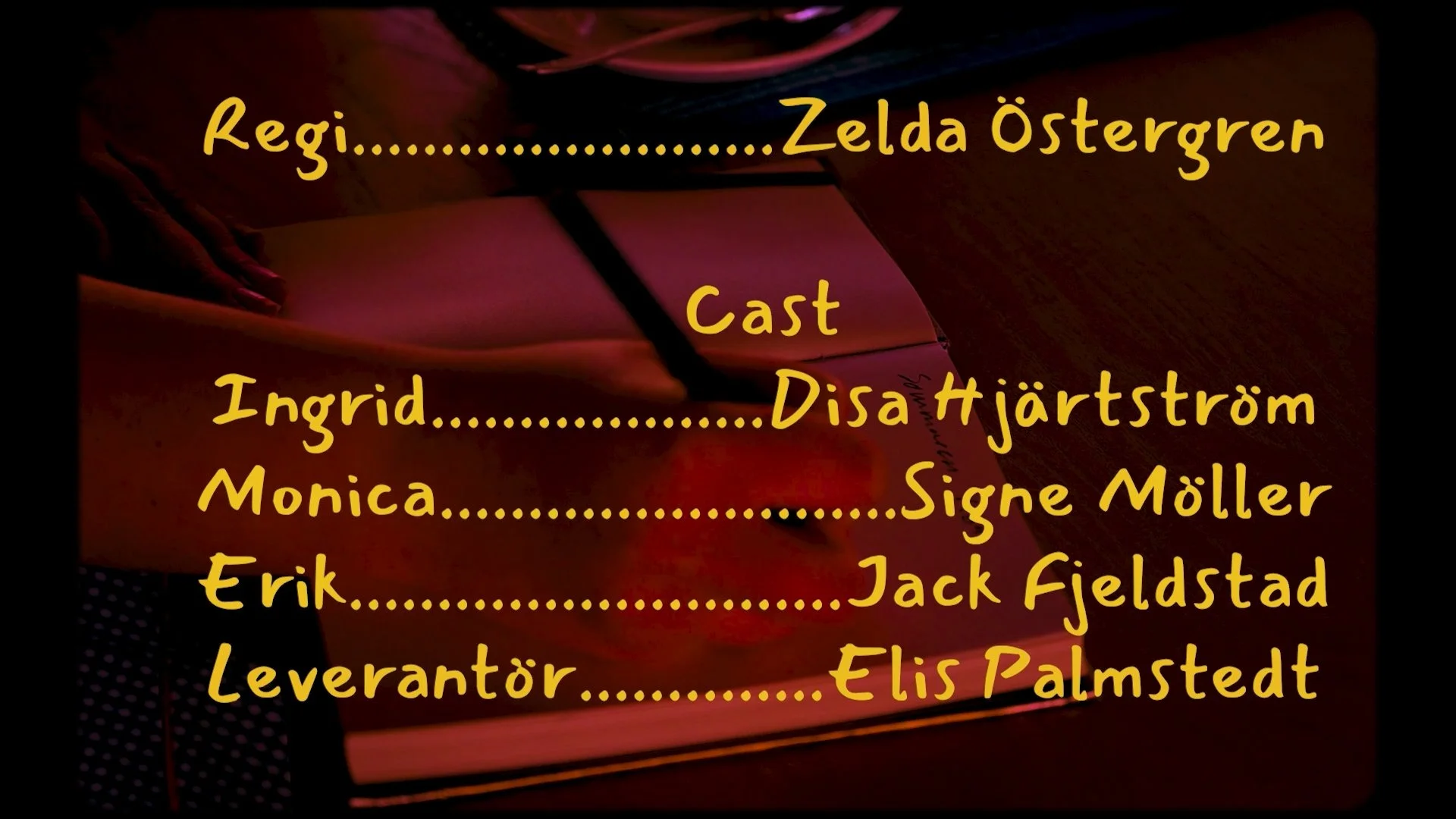 Textruta med författarnamn och titlar i gult på mörk bakgrund, inklusive namn som Zelda Östergren, Ingrid, Monica, Erik, Jack Fjeldstad och Elis Palmstedt.
