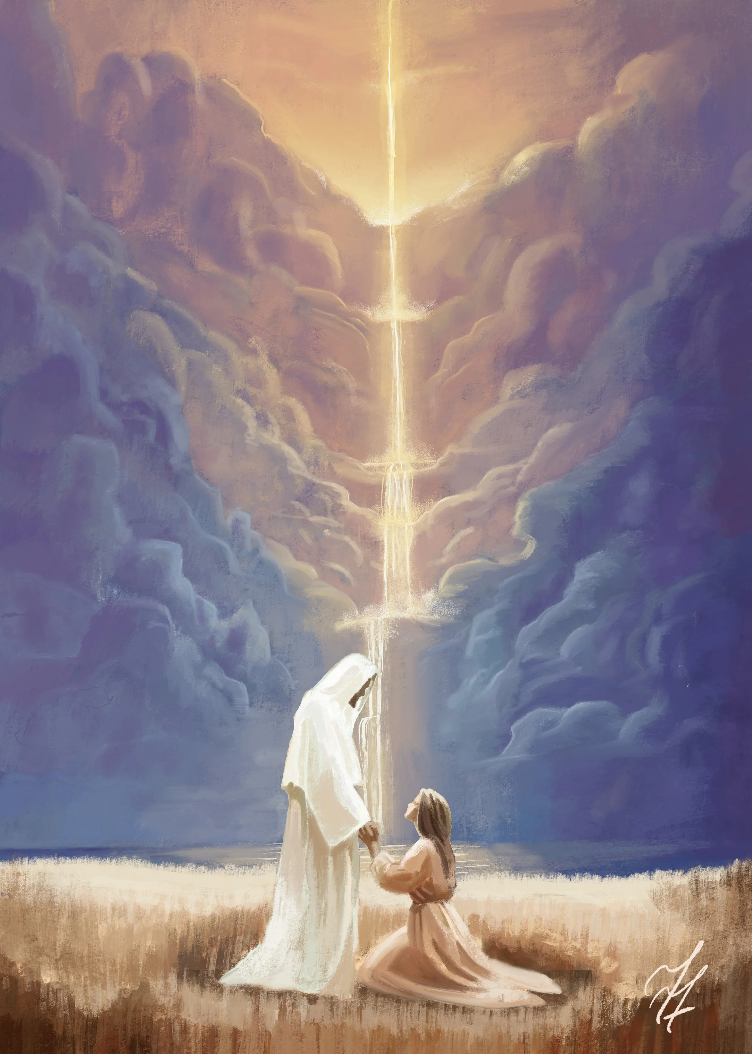 A painting of a scene on a beach with a man and a woman kneeling facing each other. The man, dressed in white, is holding the woman's hand. The background features dramatic clouds with a bright, vertical beam of light descending from the sky, illuminating the scene and creating a divine or spiritual atmosphere.