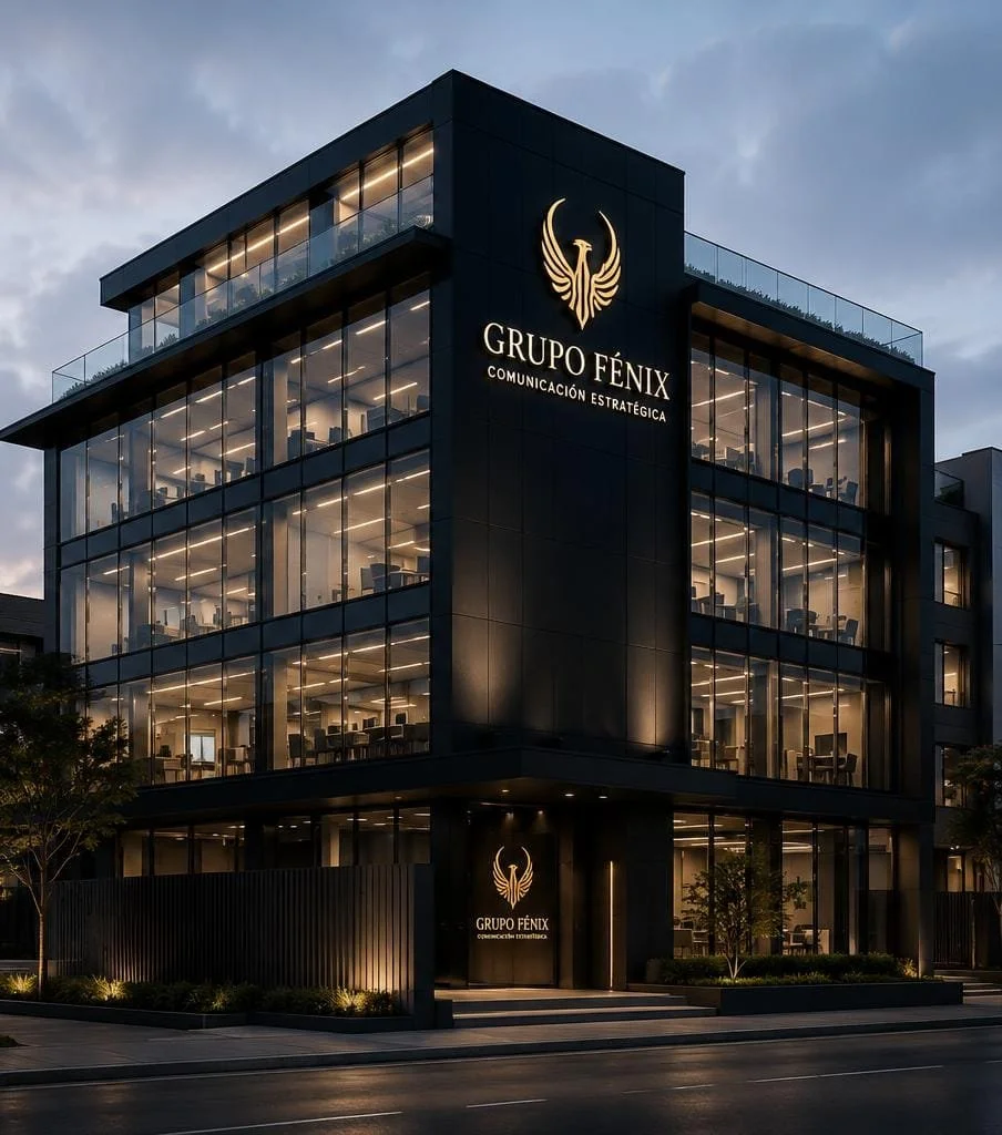 Edificio moderno de varios pisos con iluminación en el interior. En la fachada hay un logo de un fénix y el texto 'GRUPO FÉNIX COMUNICACIÓN ESTRATÉGICA'.