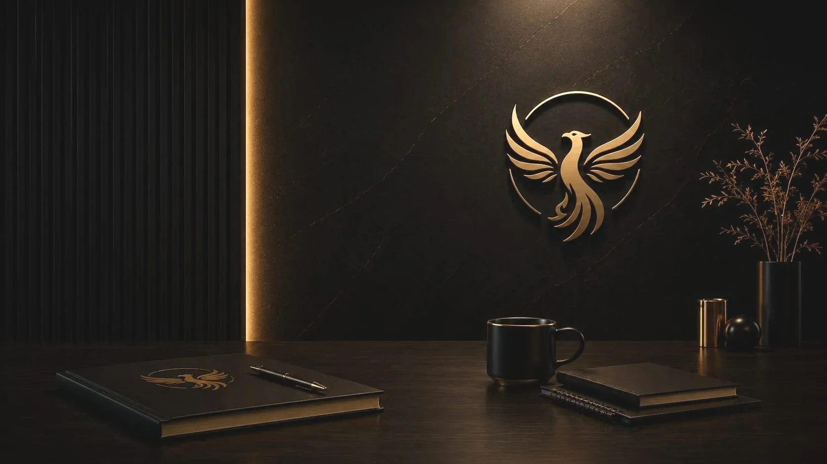 Escritorio con un logo decorativo de un ave en la pared, una taza negra, libros apilados y una planta en un jarrón negro, todo en un estilo elegante y oscuro.