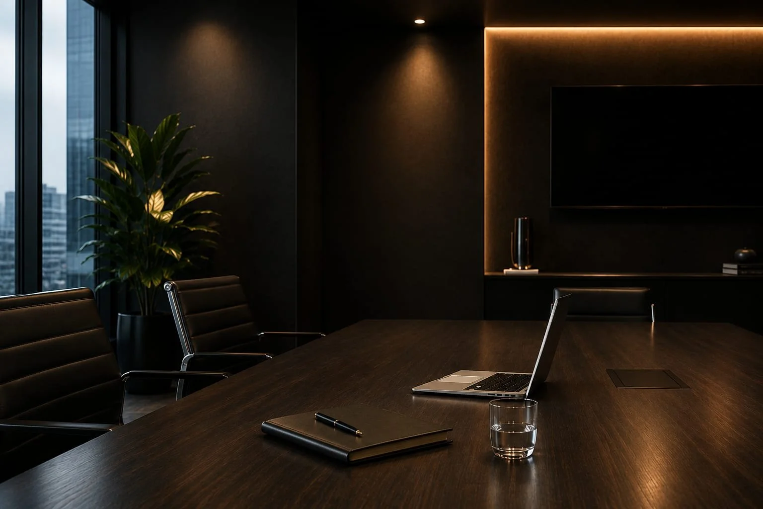 Sala de reuniones moderna con mesa de madera, sillas negras, pantalla grande y decoración minimalista con iluminación sutil.