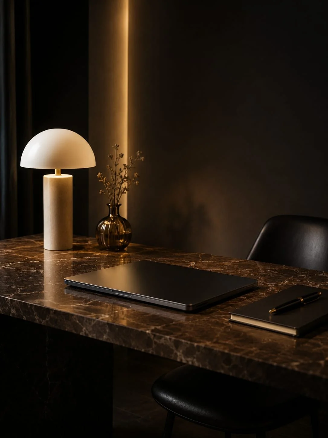 Escritorio de mármol oscuro con una lámpara de mesa moderna, un portátil cerrado, una libreta negra con bolígrafo dorado y un jarrón con ramas secas, en un ambiente con iluminación cálida y paredes oscuras.
